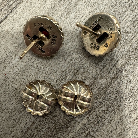 DAVID YURMAN Sterling & 14K Cable Cookie Post Small Red Stone Garnet Earrings - Picture 9 of 12